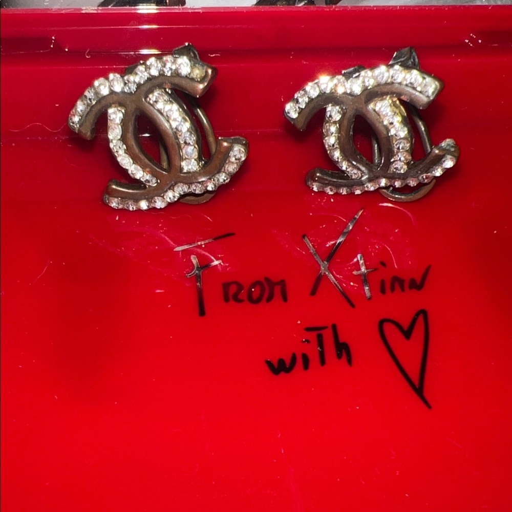 Rhinestone CC Logo Stud Earrings - Silver Crystal